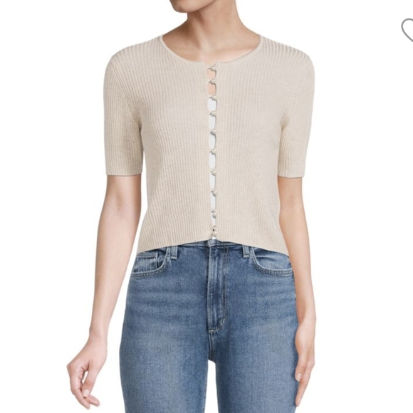 NAADAM Cardigan Faux Pearl Button Front Short Sleeve Silk Cashmere Linen M NWOT - Picture 2 of 12